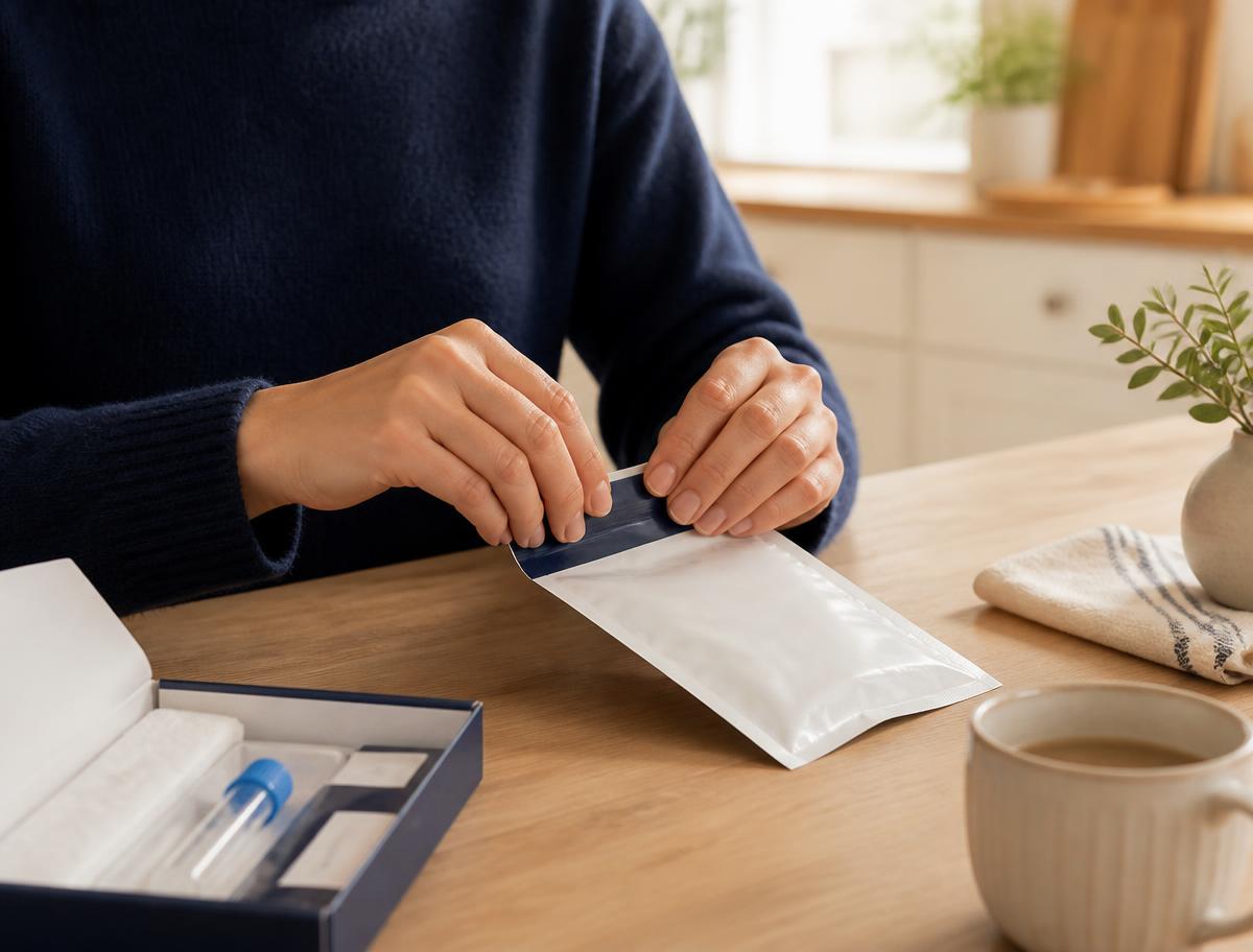 Hands sealing a discreet STI sample return pouch for at-home collection in the UAE